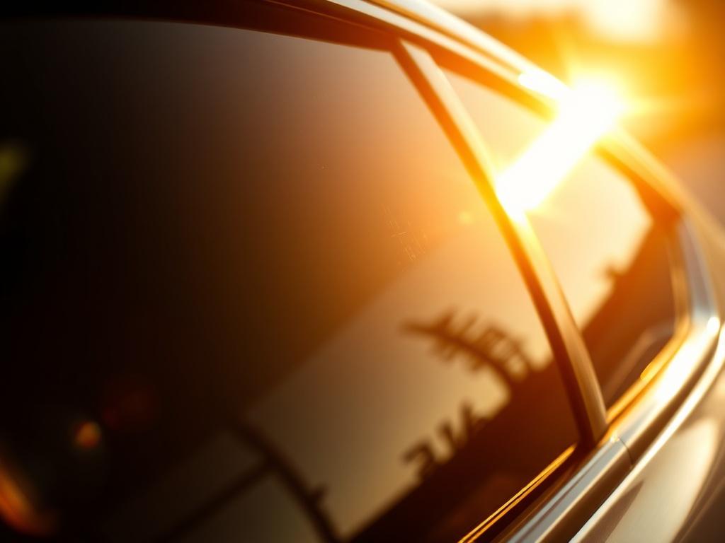 A realistic high-resolution photo showcasing a close-up of a car window with a protective tint film applied. The sunlight gleams off the tinted surface, highlighting its sleekness and clarity. The background should be softly blurred to focus on the window, capturing the essence of protection and luxury. The color palette should complement the rgb(50, 170, 39) primary color.