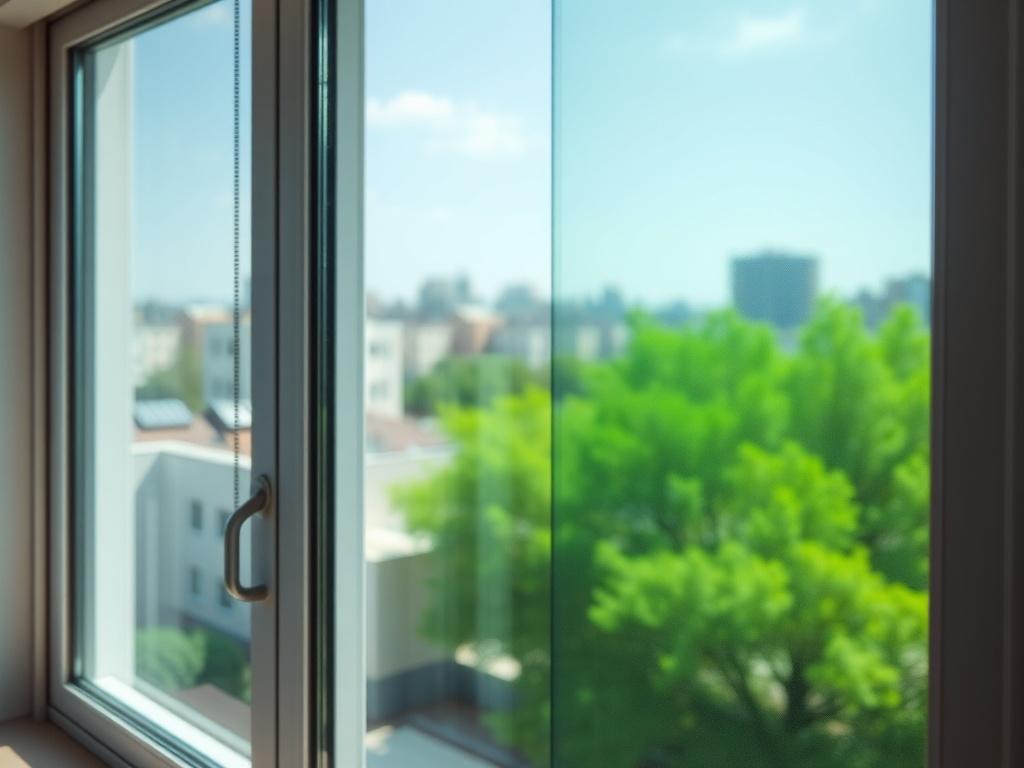 A realistic high-resolution photo of a modern apartment window with a close-up shot of window film applied. The film is slightly tinted, reflecting sunlight and showcasing a clear view of the outside. The background shows a cityscape with buildings and trees, highlighting the benefits of privacy and UV protection. The composition should be simple and clear, focusing on the window and the film, with vibrant green tones in the light reflections.