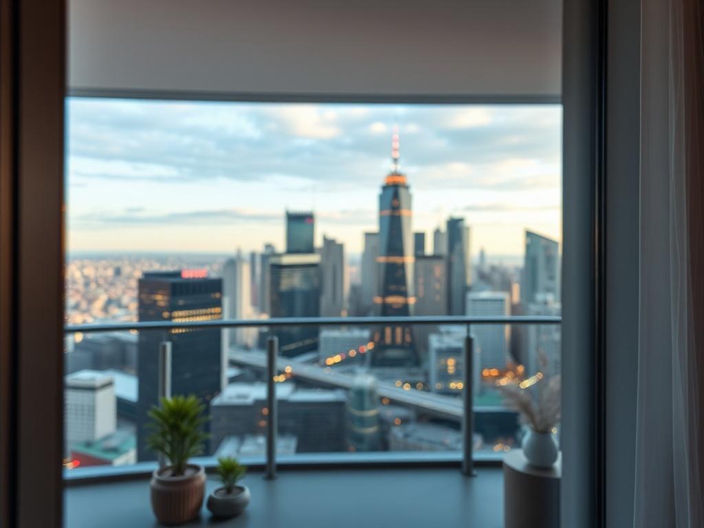 Close-up shot of a modern apartment window featuring a reflective film applied to the glass, showcasing a stunning view of the city skyline. The film should appear glossy and mirror-like, emphasizing its reflective properties. The background should be a contemporary apartment interior with soft lighting, creating a cozy and elegant atmosphere. The image should focus solely on the window and the film, without any distractions.