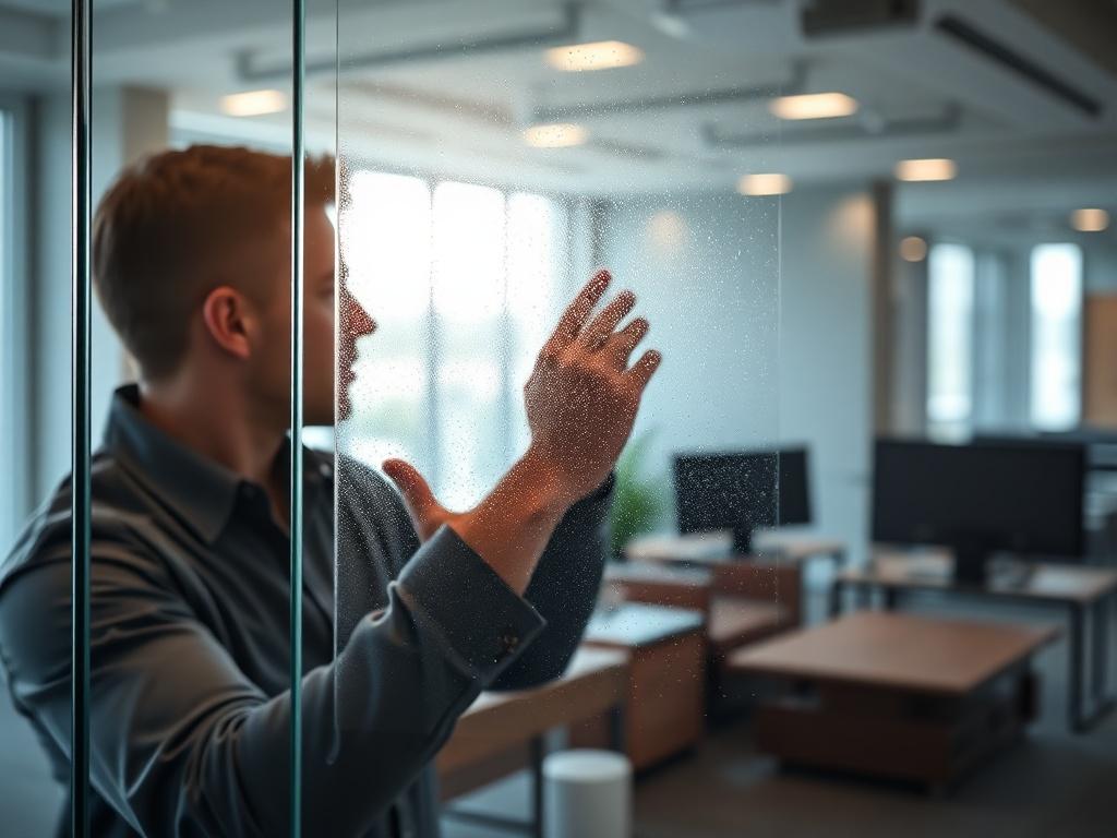 A close-up shot of a professional applying a commercial film to a glass window, showcasing the precision and technique involved. The background should be a stylish office environment with natural light filtering through the glass, highlighting the transformation of the window. The image should have a hyper-realistic quality, with a focus on the texture of the film and the concentration of the applicator. The overall composition should evoke a sense of modernity and sophistication.