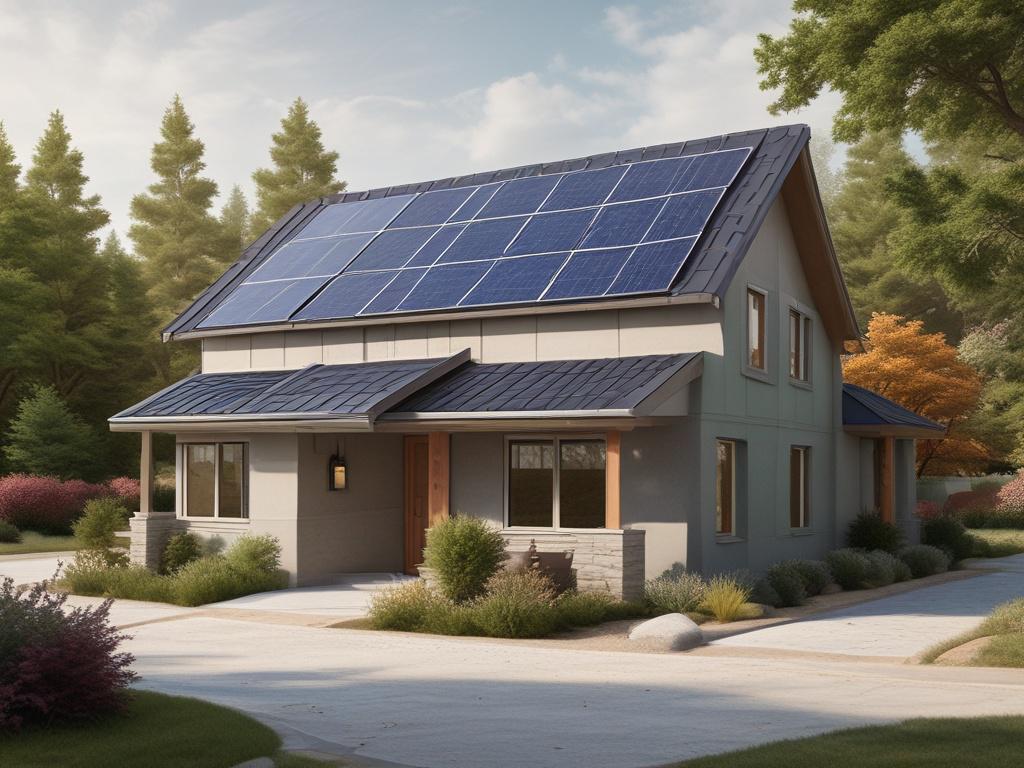 solar panels, metal roofing, landscaping, concrete, wood tile flooring, tinted windows
