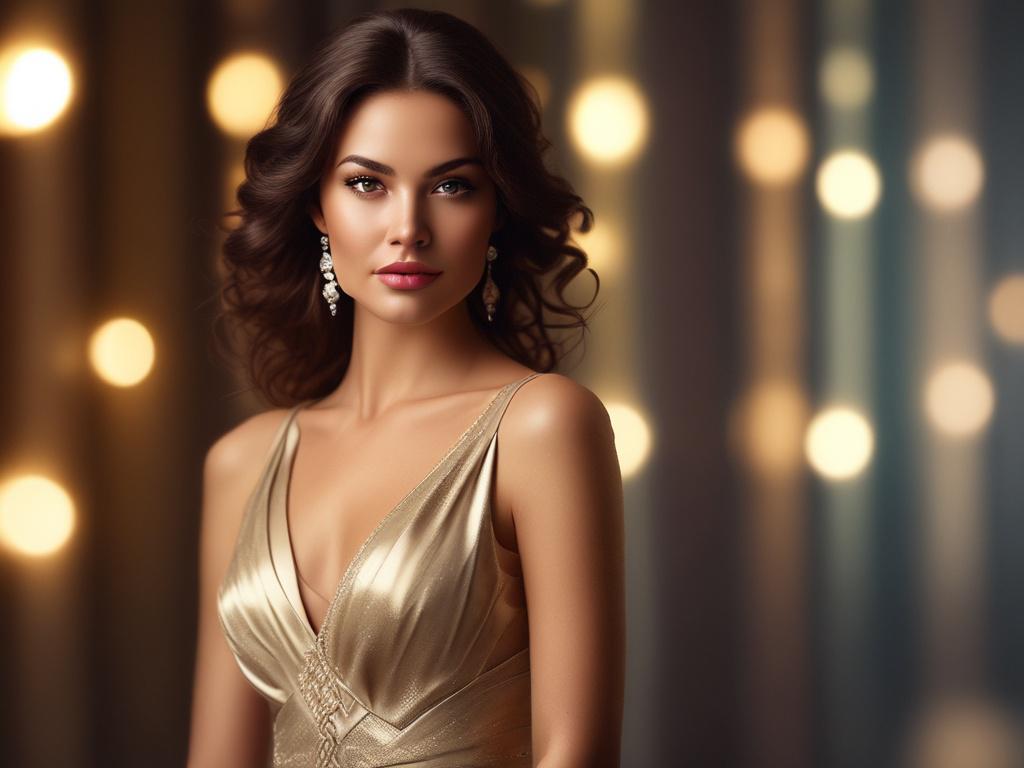 A stunningly beautiful woman dressed in an elegant evening gown,