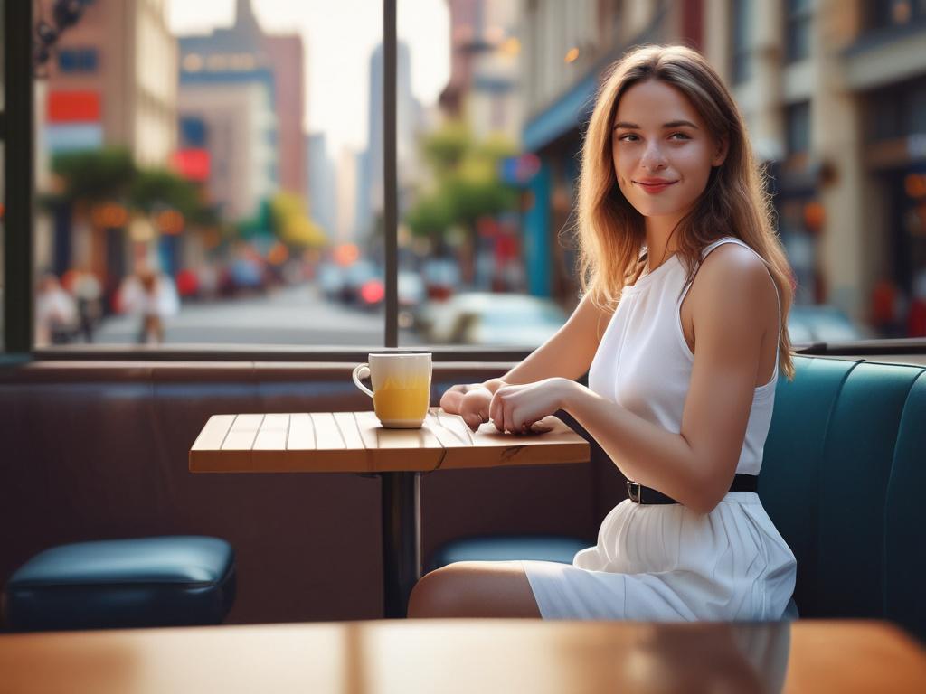A beautifully dressed woman sitting at a chic café table,