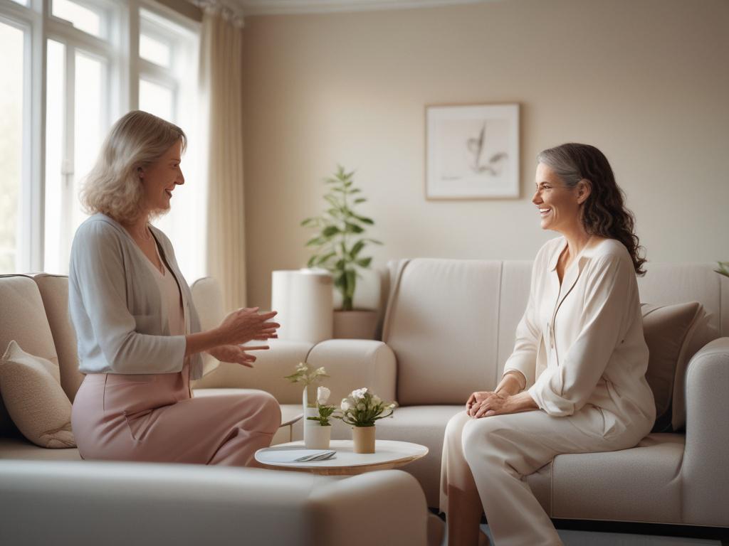 A serene coaching session in a softly lit room, featuring