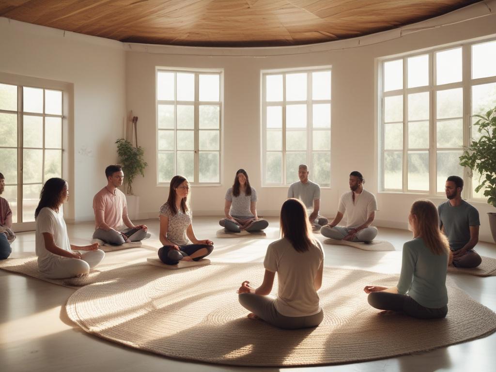 A tranquil workshop setting where individuals practice mindfulness meditation
