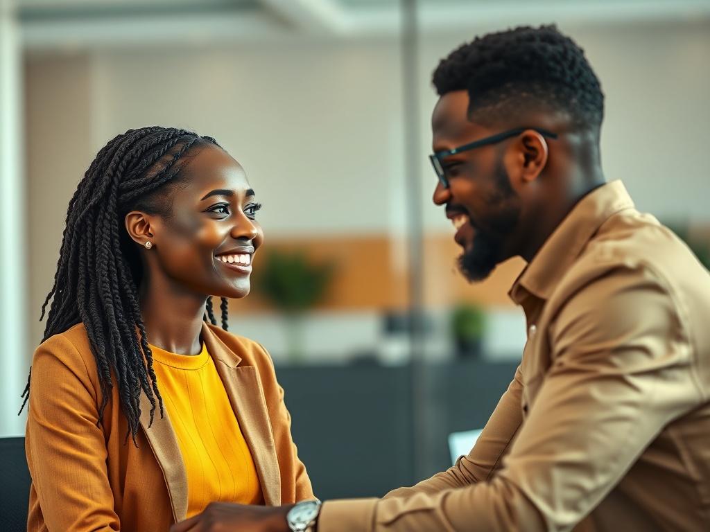 A realistic high-resolution photo featuring an African woman engaged in a friendly conversation with an African client. The setting is a modern office with clean lines and minimalistic design. The woman is smiling, conveying warmth and professionalism, while the client appears attentive and engaged. The background is softly blurred to focus on the interaction, and the color palette includes bold, vibrant colors that complement the primary color rgb(50, 170, 39).