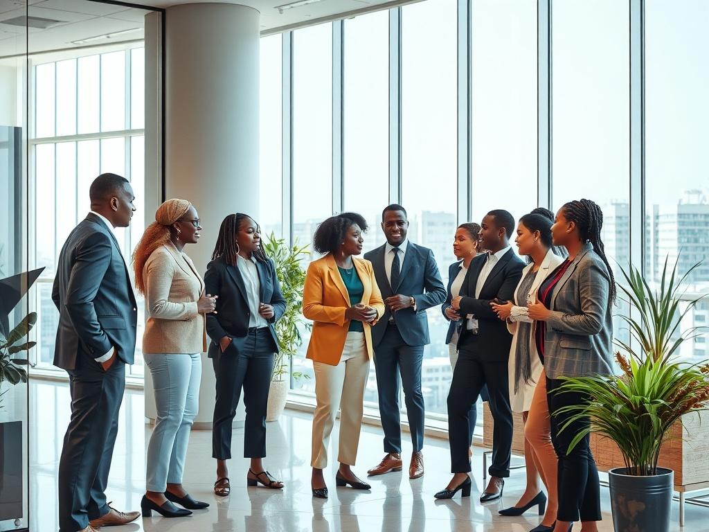 A realistic high-resolution photo depicting a group of corporate African workers networking in a modern office environment. The scene should feature a diverse group of professionals engaged in conversation and exchanging ideas. They are dressed in smart business attire, showcasing a blend of traditional and contemporary African styles. The background should include a sleek office space with large windows, natural light pouring in, and minimalistic decor. Focus on creating a vibrant and collaborative atmosph