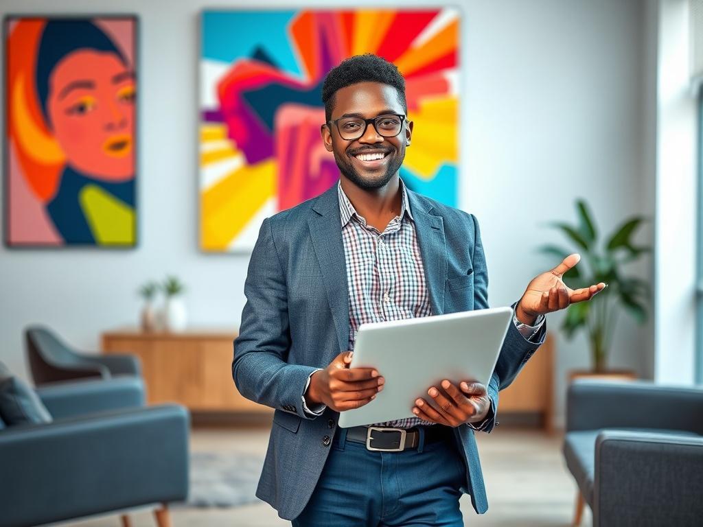 A young Nigerian tech entrepreneur, dressed in smart casual attire, confidently standing in a modern office environment. The background features sleek furniture and vibrant artwork that represents innovation and creativity. The entrepreneur is smiling, showcasing a sense of accomplishment, while holding a laptop in one hand and gesturing with the other, emphasizing engagement and success in the tech industry.