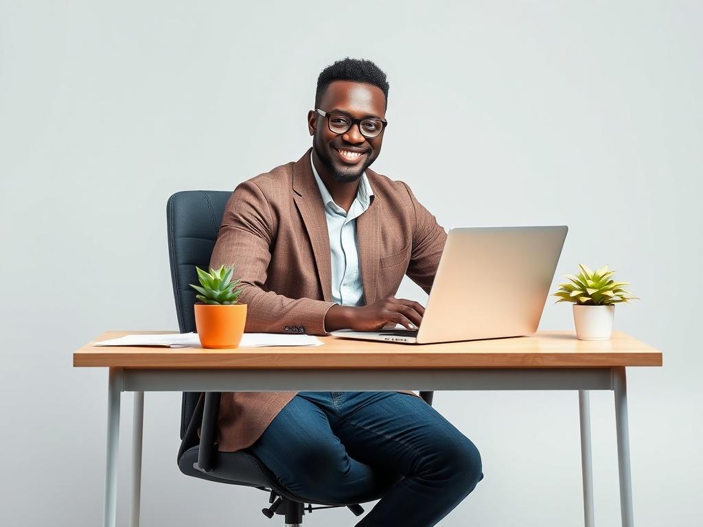 Create a realistic high-resolution photo with a light gray background, featuring a confident, smiling Nigerian entrepreneur sitting at a desk with a laptop. The entrepreneur is engaged in a video call, demonstrating success in business. Surround the desk with documents and a potted plant to convey a professional yet approachable atmosphere. The overall composition should be minimalistic with clean lines and a focus on the subject, emphasizing a sense of achievement and professionalism.