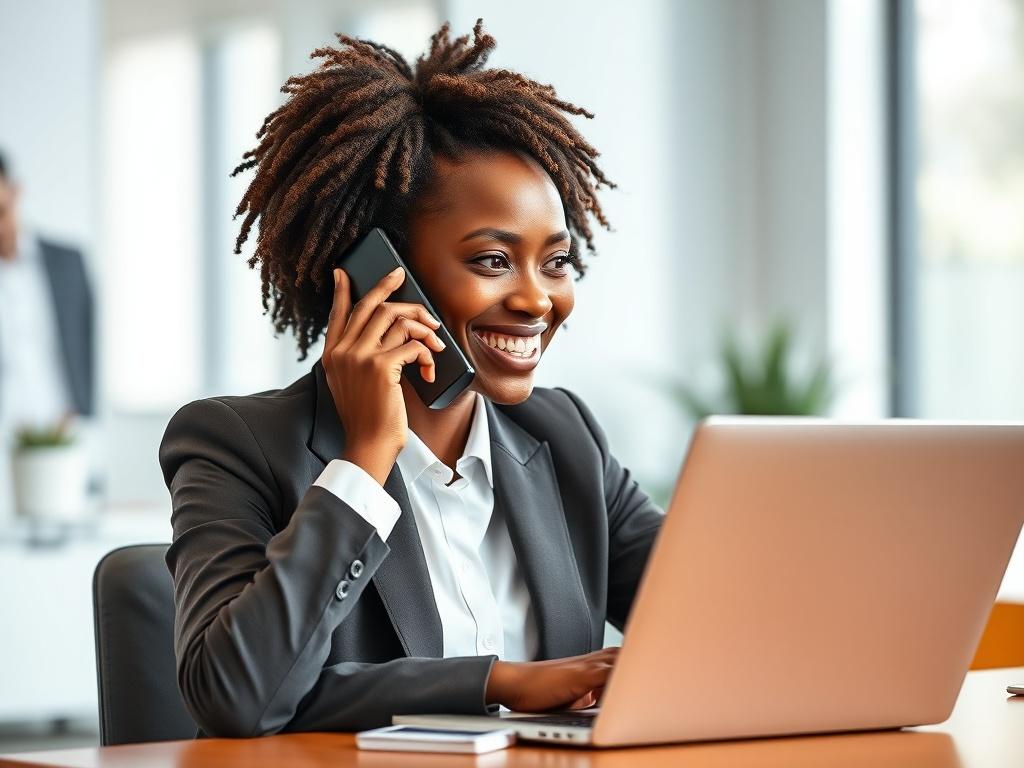 A corporate African woman, dressed in professional attire, speaking and smiling warmly on a phone call. She is seated at a modern desk with a laptop open in front of her, showcasing a vibrant workspace with minimalistic decor. The background is softly blurred to emphasize her engaging expression and the clarity of the phone call. The scene is bright and inviting, reflecting a professional atmosphere that inspires confidence and approachability.