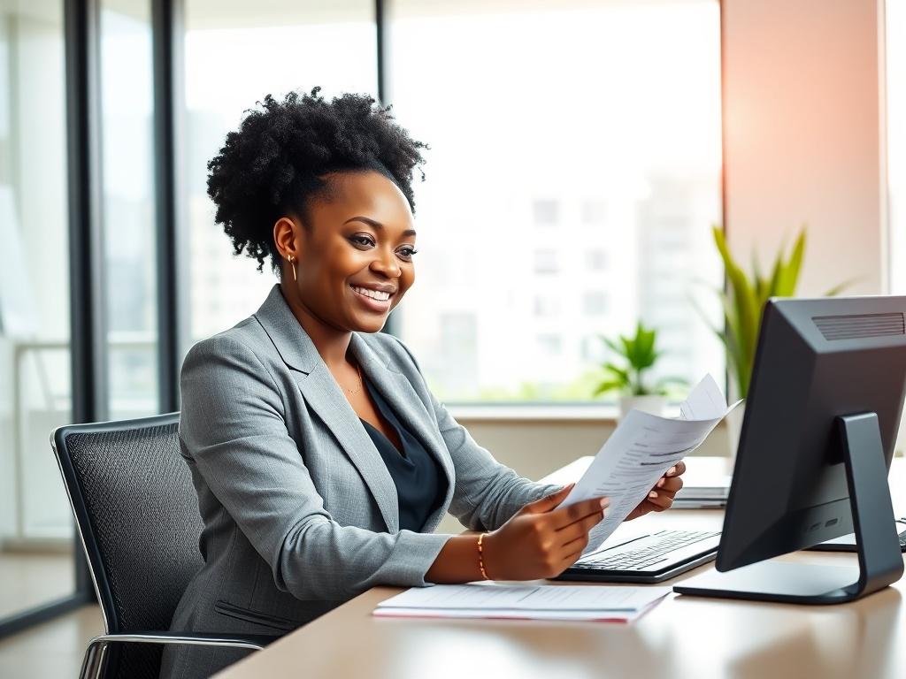 A Yoruba banker lady sitting confidently at a desk, dressed in professional attire, smiling as she reviews financial documents. The background is a modern office with clean lines and a minimalistic design, featuring a large window that lets in natural light. The scene conveys professionalism, success, and empowerment, with vibrant colors highlighting the essential elements.