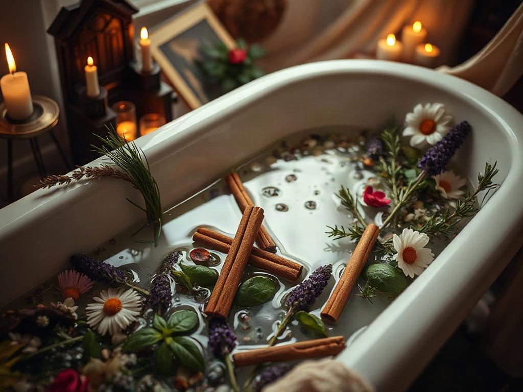 **Prompt for AI Image Generation:**

Create a highly detailed, realistic high-resolution photo that encapsulates the essence of the "Hoodoo Lucky 7 Number Bath." The image should feature a serene and inviting bathtub filled with naturally warm water and scattered with vibrant, fresh herbs representing the seven lucky ingredients — bay leaves, cinnamon sticks, chamomile flowers, basil leaves, mint sprigs, rosemary, and lavender blossoms. 

Position the bathtub centrally in the composition, ensuring it exudes
