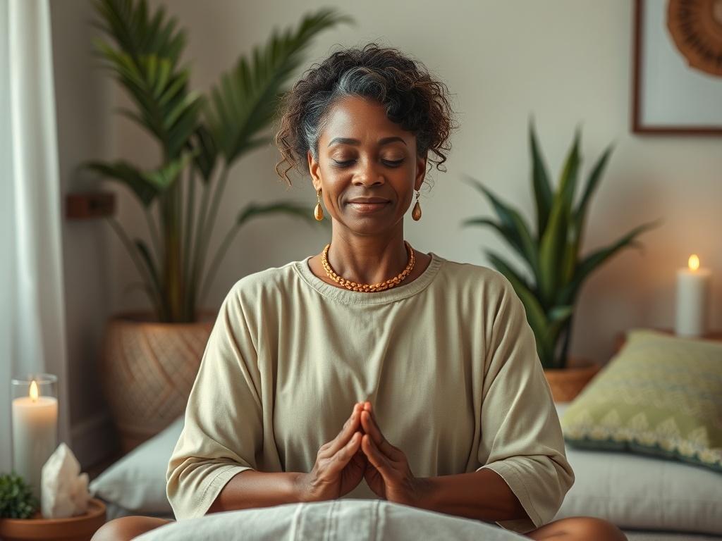 Create a realistic high-resolution photo to accompany a blog titled "Harnessing the Power of Energy Healing." The composition should be simple and clear, featuring a single subject at the center: a serene practitioner of energy healing. This individual, a middle-aged woman of African descent, should be positioned in a meditative pose, hands gently hovering above an unseen patient, radiating a warm and calming aura. 

The background should be softly blurred, suggesting a tranquil indoor environment, perhaps 