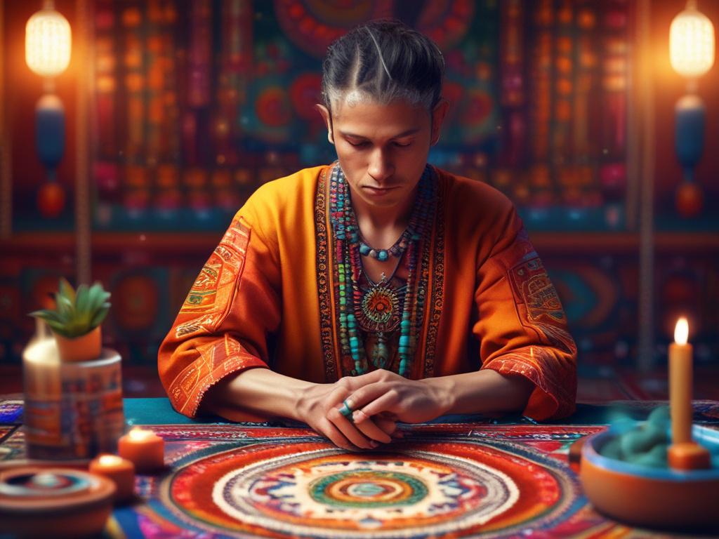 A close-up shot of a serene practitioner engaged in a divination session, set against a backdrop of vibrant Mexican motifs and colors. The focus is on the practitioner's hands, gently holding a set of traditional divination tools, with soft natural light illuminating the scene. The composition is simple and clear, conveying a sense of calm and spiritual connection, optimized for a high-resolution image with a 45mm f/1.2 lens effect.