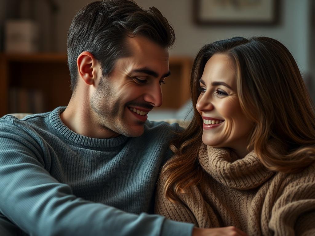 A close-up shot of a serene couple sitting together in a cozy, softly lit room, engaged in a deep conversation. The background is softly blurred, emphasizing their focused expressions and the warmth of their connection. The subjects should exude a sense of intimacy and trust, with gentle smiles that reflect understanding and love. The color palette should harmonize with a calming atmosphere, incorporating shades of deep blue and earthy tones.