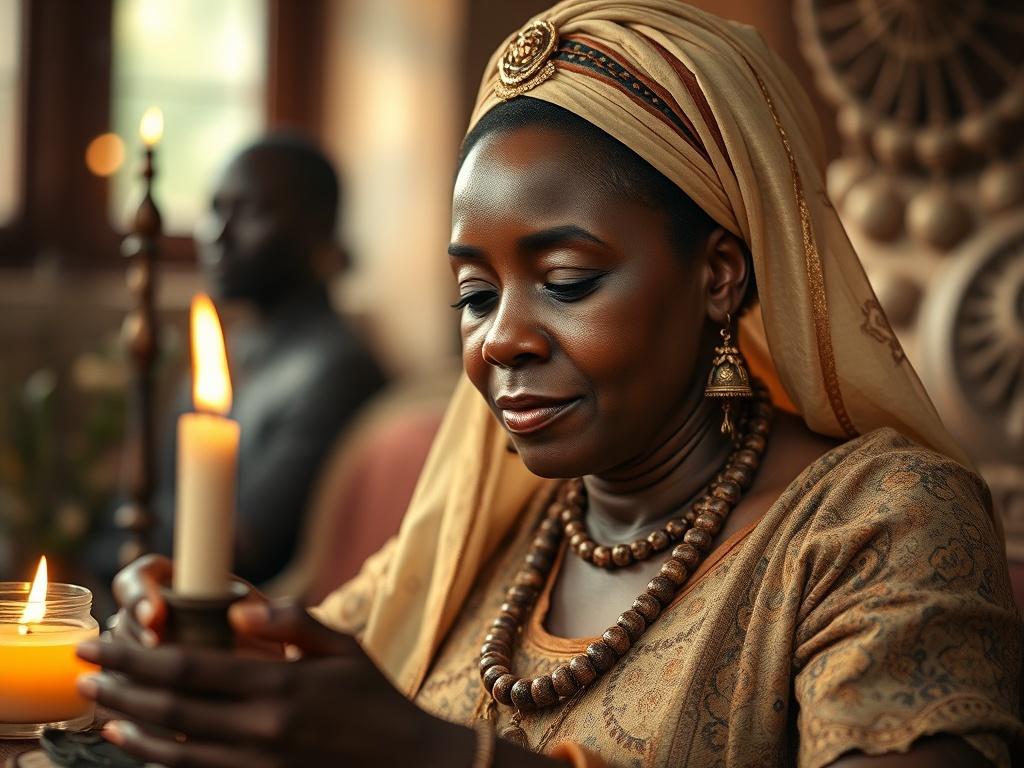 A serene and focused close-up shot of a practitioner performing a spiritual ritual with elements of Obeah, Myal, and Kumina. The subject is a middle-aged African descent woman with calm expression, adorned in traditional attire, surrounded by sacred objects like candles, herbs, and spiritual symbols. The background is softly blurred, focusing on the practitioner, with warm light illuminating the scene to evoke a sense of peace and spirituality. Shot with a 45mm f/1.2 lens.