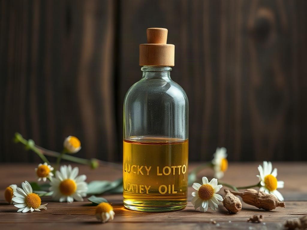 **AI Image Generation Prompt:**

Create a realistic high-resolution photo that captures the essence of a single, elegantly crafted bottle of "Lucky Lotto Oil." The bottle should be vintage-style glass, with a smooth surface and a subtle green tint, emphasizing its connection to nature and traditional wisdom. The oil inside should have a rich golden hue, hinting at its potent ingredients.

Place the bottle against a soft, dark wood surface that adds warmth and depth to the image. The background should be blu