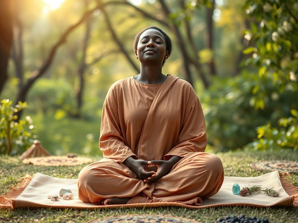 Create a realistic high-resolution photo that effectively captures the essence of the blog titled "When Healing Is Complicated: Navigating Health, Ancestry, and the Spiritual Unknown." The composition should be simple and clear, focusing on a single subject. The subject should be an individual in a serene and contemplative pose, symbolizing tranquility and introspection in the midst of complexity. 

The person should be seated cross-legged on a soft, natural fabric mat, dressed in flowing, earthy-toned garm