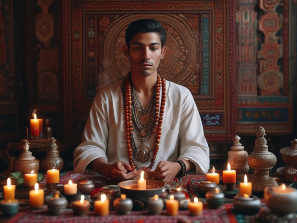 A close-up shot of a serene South Asian practitioner engaged in a meditative pose, surrounded by traditional spiritual artifacts such as incense, candles, and colorful textiles. The background should be softly blurred, emphasizing the practitioner's calm expression and the intricate details of the spiritual items. The lighting should be warm and inviting, creating a peaceful atmosphere that reflects the essence of holistic well-being. The color palette should harmonize with the primary color #062767.