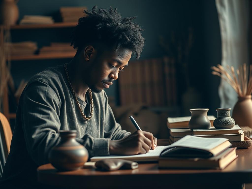 **AI Image Generation Prompt:**

Create a highly realistic, high-resolution close-up image that embodies the theme of cultural archiving platforms with a focus on ethics and accessibility. The composition should be simple and clear, featuring a single subject: a thoughtful individual of diverse descent, representing the rich tapestry of African and Afrodiasporic traditions. They should be seated at a wooden desk, deeply engaged in writing or arranging artifacts, surrounded by elements symbolizing cultural h