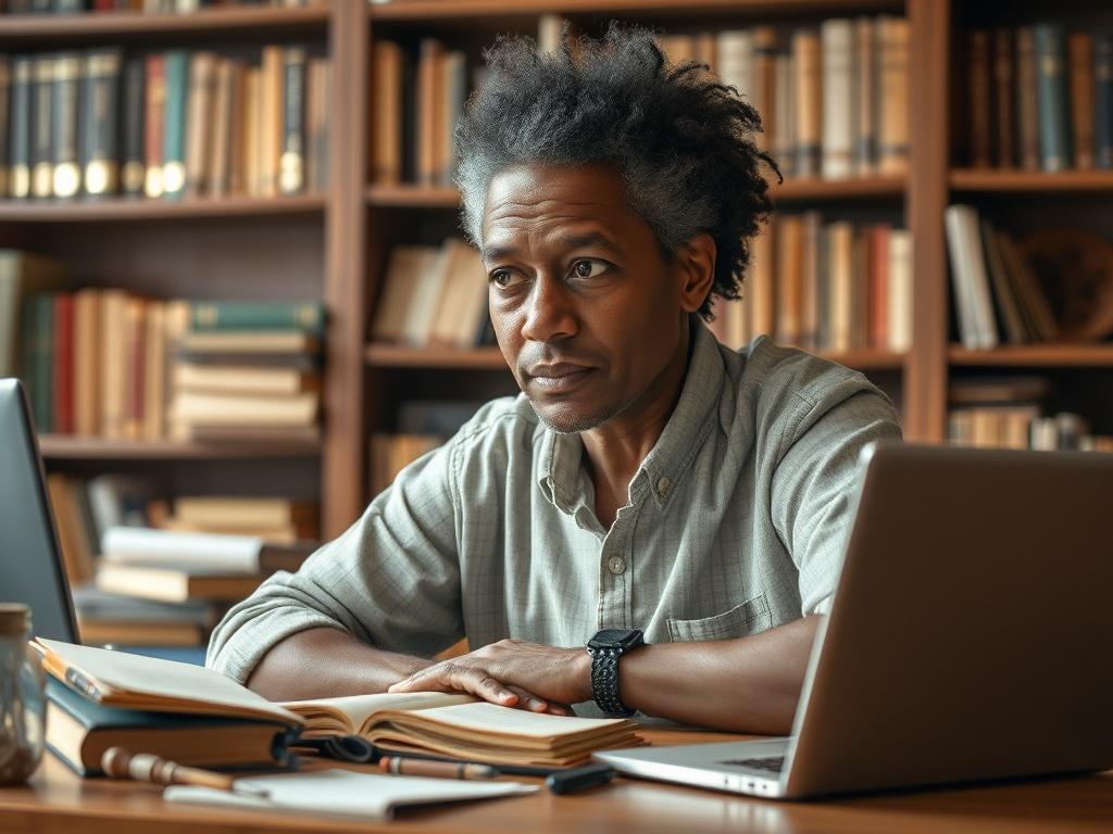 **AI Image Generation Prompt:**

Create a realistic, high-resolution close-up photograph that captures the essence of the blog titled "Are Traditional Archives Dead? Do People Still Trust Digital Preservation?" The image should feature a single, thoughtful individual engaged in a moment of reflection. The subject should be a middle-aged person of African descent, sitting at a wooden desk cluttered with both traditional archives (such as an old book, parchment, and a quill) and modern technology (like a lapt