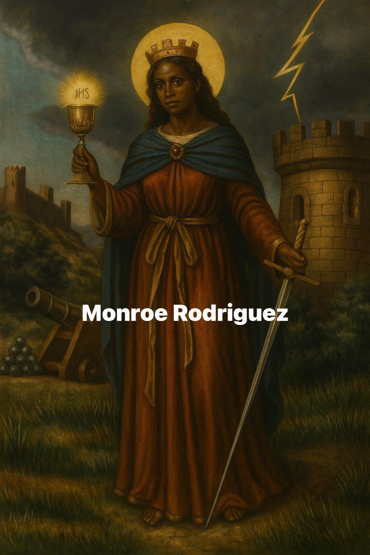 Saint Barbara standing with a sword and lightning in the background, symbol of protection and sudden justice