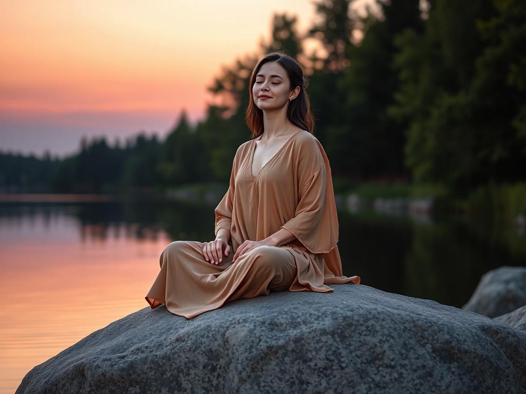 **AI Image Generation Prompt:**

Create a realistic high-resolution photo of a serene female figure sitting peacefully on a large, smooth rock by a tranquil lake during twilight. The woman embodies tranquility and self-love, with her eyes gently closed, a serene smile on her face, and an aura of calmness surrounding her. She wears a flowing, earth-toned dress that harmonizes with the natural surroundings, symbolizing a connection to the earth and the spiritual world.

The background features a still lake th