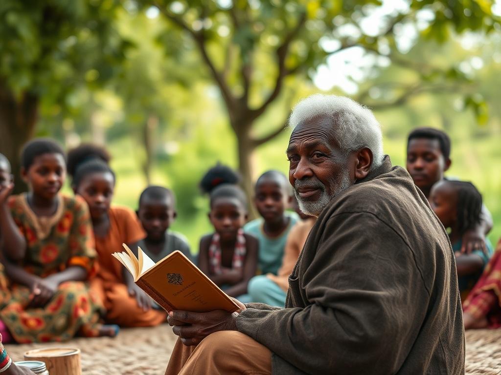 **AI Image Generation Prompt:**

Create a realistic high-resolution photo that embodies the essence of African oral traditions coming into recognition by UNESCO. The image should feature a wise, elderly African storyteller seated on a traditional woven mat, deeply engaged in sharing a story with an attentive audience of diverse individuals, including children and adults. Focus on the storyteller's expressive face, showcasing the wisdom and warmth in their eyes, to convey the significance of cultural heritag