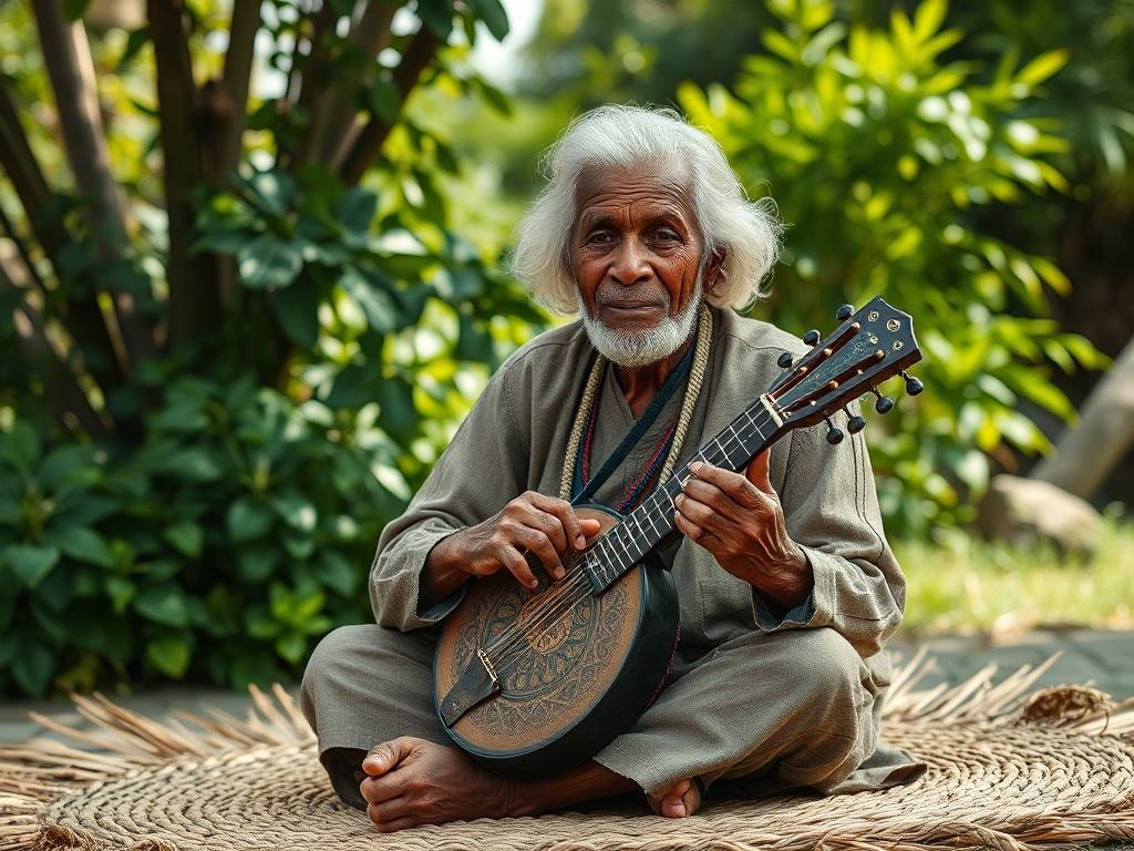**Prompt for AI Image Generation:**

Create a highly detailed, realistic high-resolution image focused on a wise elder engaged in a traditional cultural practice that embodies the essence of cultural preservation. The elder, a person of African descent with gray hair, should be depicted in a serene outdoor setting surrounded by vibrant greenery. They are seated on a woven mat, holding an intricately designed artifact that symbolizes heritage and tradition—such as a handcrafted musical instrument or a ceremo