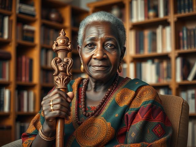 **AI Image Generation Prompt:**

Create a realistic high-resolution photo featuring a single subject: an elderly African woman seated comfortably in a well-lit space, embodying the essence of wisdom and tradition. She holds an intricately designed wooden staff that symbolizes her connection to oral traditions. The woman has expressive, warm eyes that convey stories of life and experience, and she wears colorful, traditional attire that reflects African heritage. 

The composition should be simple and clear,