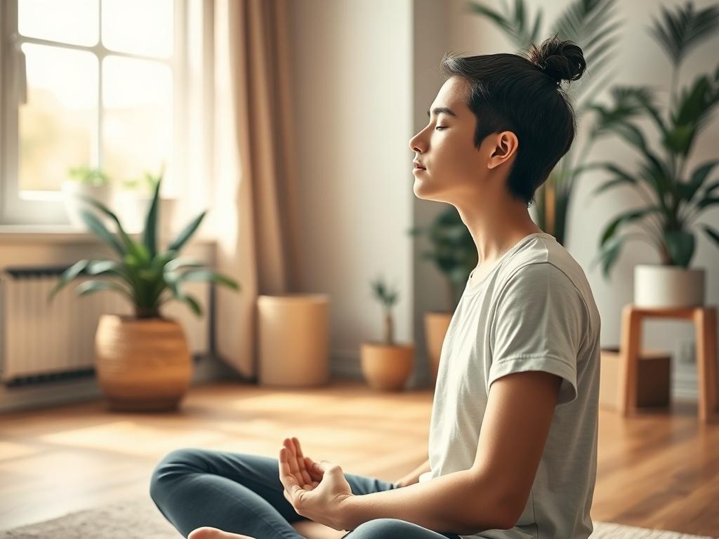 A serene close-up shot of a person practicing Pranayama in a peaceful indoor setting. The subject is a young adult sitting cross-legged with eyes closed, exuding tranquility. Soft natural light filters in from a nearby window, creating a warm and inviting atmosphere. The background is a simple, uncluttered space with plants and calming decor, emphasizing the focus on the individual and their breathing practice. The image should convey a sense of calm and mindfulness, rendered in high-resolution with a 45mm 
