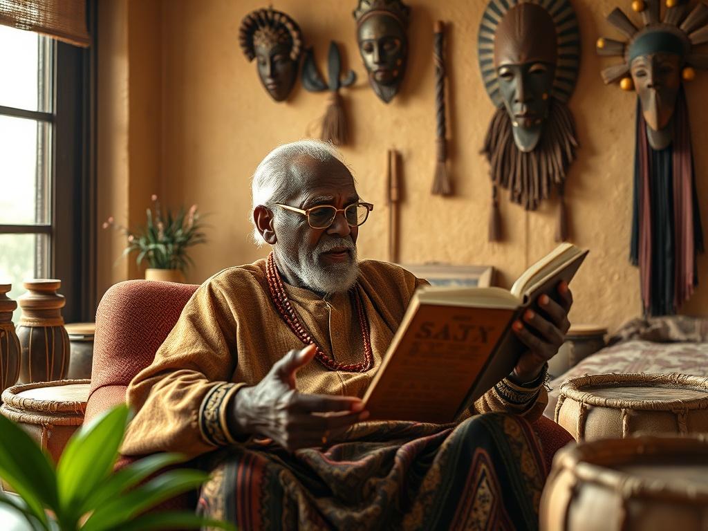 **AI Image Generation Prompt:**

Create a realistic high-resolution photo that embodies the theme of "7 Mistakes You're Making with Oral Tradition Preservation (and How to Fix Them)." The focal subject of the image should be a wise, elderly African storyteller seated in a cozy, nurturing environment, reflecting the essence of oral tradition. He should be captured in a mid-action pose, animatedly sharing a story, with expressive hand gestures that convey emotion and engagement. 

The background should featur