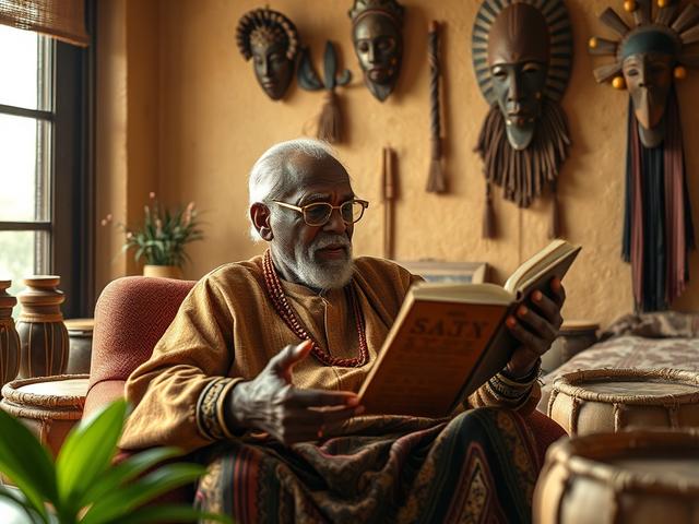**AI Image Generation Prompt:**

Create a realistic high-resolution photo that embodies the theme of "7 Mistakes You're Making with Oral Tradition Preservation (and How to Fix Them)." The focal subject of the image should be a wise, elderly African storyteller seated in a cozy, nurturing environment, reflecting the essence of oral tradition. He should be captured in a mid-action pose, animatedly sharing a story, with expressive hand gestures that convey emotion and engagement. 

The background should featur
