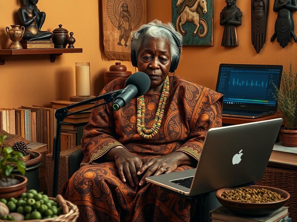 **AI Image Generation Prompt:**

Create a realistic high-resolution photograph that captures the essence of "From Griot to Podcaster: How Elders Are Using AI to Preserve Sacred Knowledge (Without Losing Its Soul)." The composition should focus on a single, elderly Black woman sitting in a cozy and inviting room filled with cultural artifacts that reflect African and Afrodiasporic traditions. She is wearing traditional clothing that embodies her heritage and wisdom. 

She should be engaged in a moment of sto