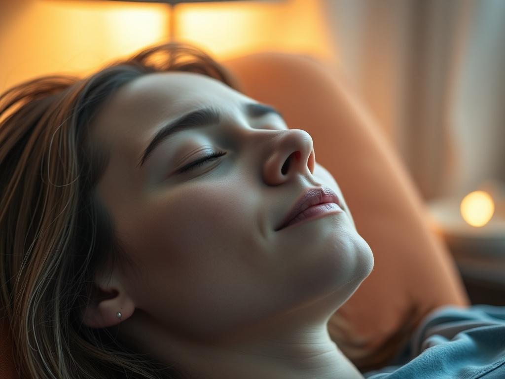 A close-up shot of a serene individual in a comfortable setting, eyes closed, appearing relaxed as they undergo hypnosis. The background is softly blurred to emphasize the person's peaceful expression, with warm lighting creating a calming atmosphere. The color scheme should incorporate shades of deep blue (#062767) to align with the brand's identity.