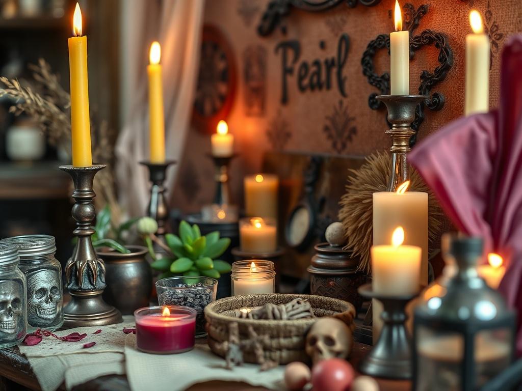A close-up shot of a beautifully crafted altar adorned with various Hoodoo items such as candles, herbs, and spiritual symbols. The setting is warm and inviting, emphasizing the rich textures and vibrant colors of the altar materials. The background is softly blurred to keep the focus on the altar, enhancing the spiritual atmosphere.