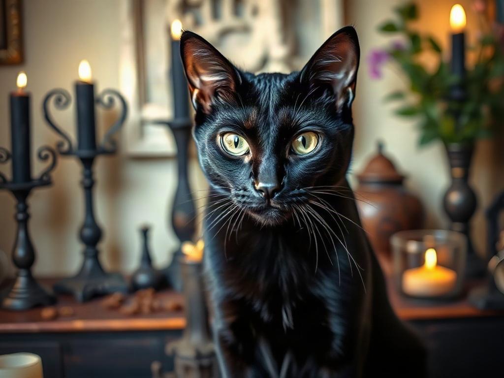 **AI Image Generation Prompt:**

Create a realistic high-resolution image of a sleek black cat sitting poised and alert, embodying the essence of hoodoo magic and mystique. The cat should be the sole subject focused on in the foreground, with piercing green eyes that convey an otherworldly wisdom. 

The composition should include a softly blurred background of a mystical indoor altar adorned with symbols of hoodoo — such as black candles, herbs, and small charms — subtly hinting at its spiritual significanc