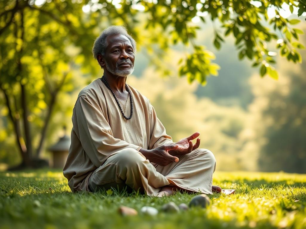 **Prompt for AI Image Generator:**

Create a hyper-realistic high-resolution photo featuring a serene, contemplative individual sitting cross-legged on a lush green lawn, embodying a sense of peace and connection to nature. The subject should be a middle-aged person of African descent, with an expression of wisdom and calm, dressed in flowing, natural fabrics that evoke a spiritual ambiance. 

The background should depict a soft-focus, tranquil landscape with gentle rays of sunlight filtering through leafy 