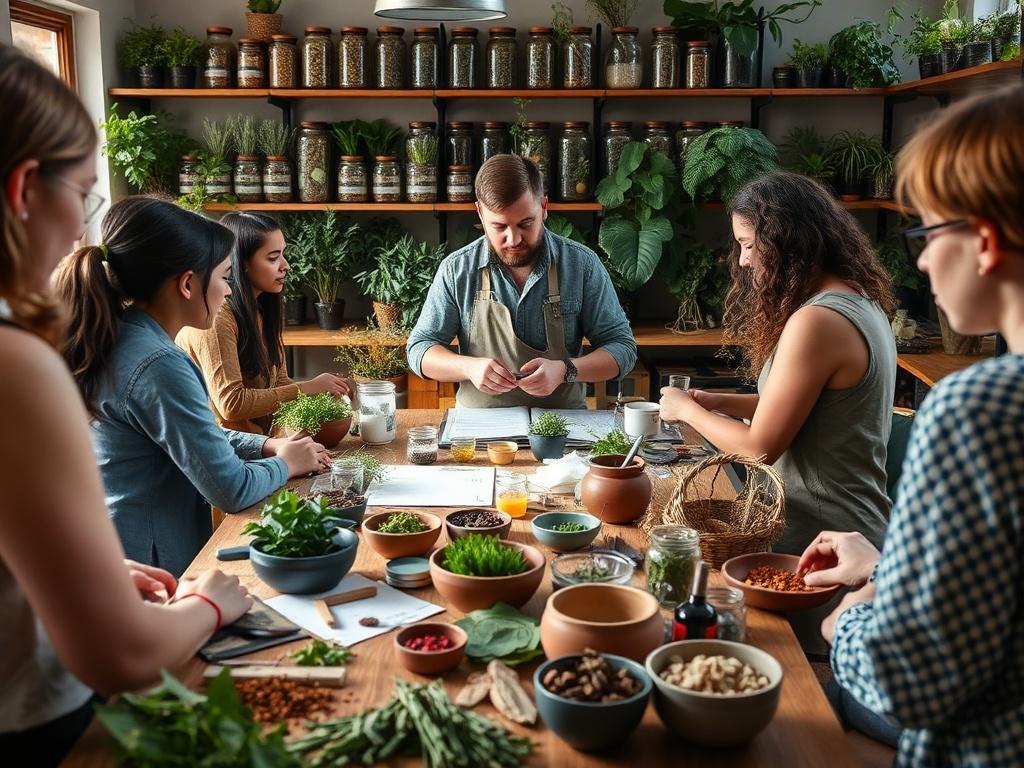 An engaging workshop setting where participants learn about herbalism. The image showcases a table filled with various herbs, tools, and educational materials. A knowledgeable instructor is demonstrating how to prepare herbal remedies, surrounded by curious participants. The environment is vibrant, infused with the rich colors of herbs and natural light streaming in. The background includes shelves filled with jars of herbs and plants, creating an immersive learning experience. This scene captures the essen