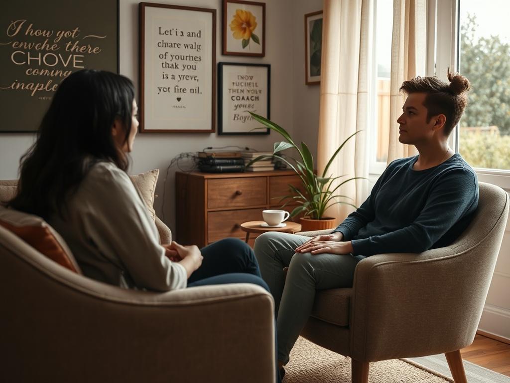A warm and inviting space depicting a spiritual coach engaging with a client. The scene captures an intimate conversation, with both individuals seated comfortably on plush chairs. The room is decorated with inspirational quotes and calming artwork. Natural light filters through a window, creating an uplifting ambiance. The coach listens attentively, reflecting a supportive and empowering environment. This image embodies the essence of guidance and transformation, emphasizing the personal connection between