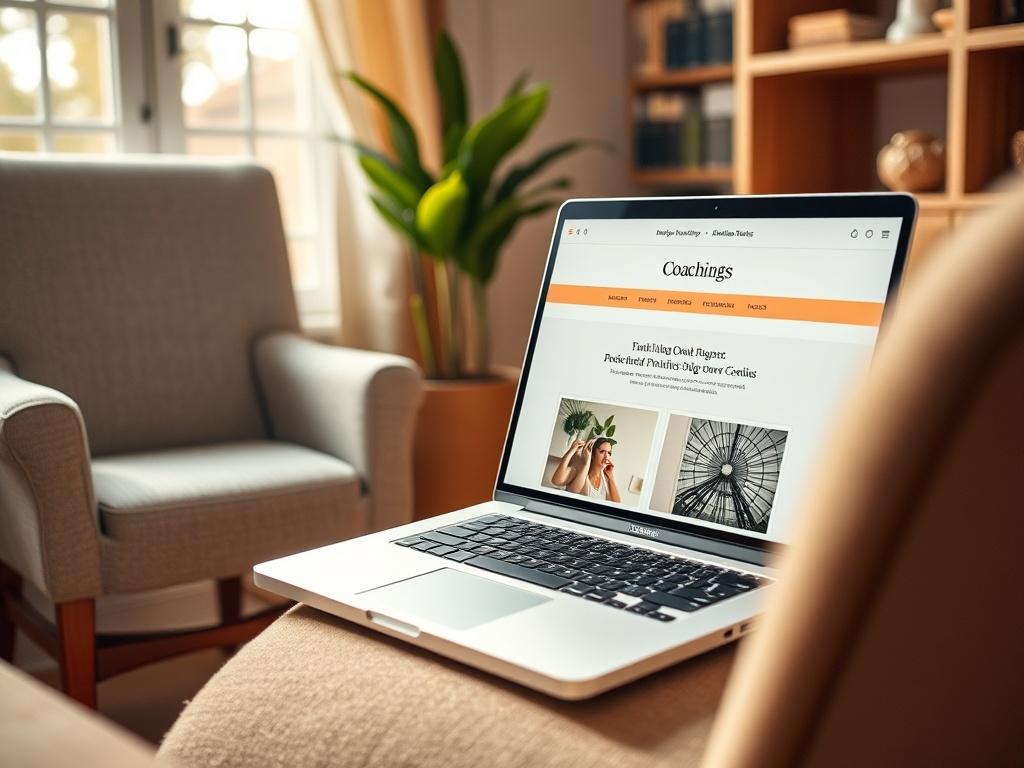 A high-resolution close-up shot of a cozy workspace featuring an open laptop with a beautiful coaching blog displayed on the screen. The background should be soft and inviting, showcasing a comfortable armchair, a small potted plant, and a warm, natural light filtering in through a window. The focus should be on the laptop, highlighting the vibrant colors of the blog's design, creating a sense of inspiration and tranquility.