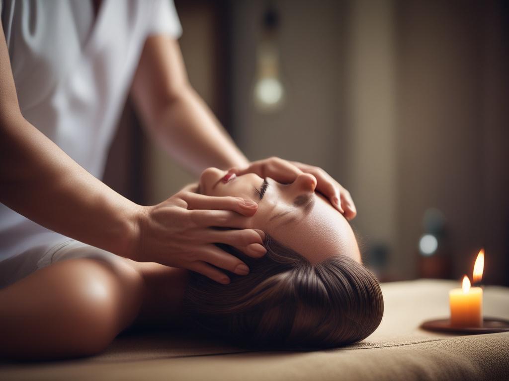A serene close-up of a practitioner performing energetic healing, with their hands gently hovering over a client. The client lies relaxed on a massage table, surrounded by soft, ambient lighting. The background features calming elements like crystals and plants, enhancing the tranquil environment.