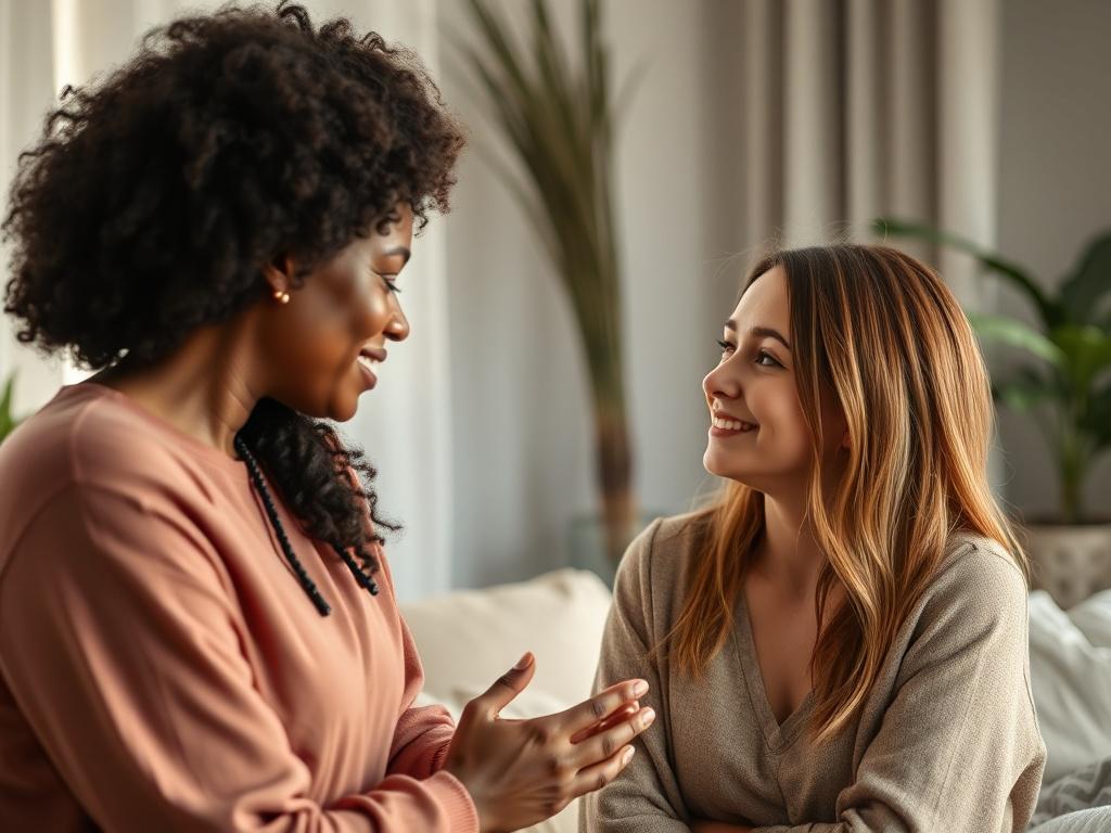 A serene and compassionate scene focused on a female coach engaging in a heartfelt conversation with a client in a softly lit room. The coach, a woman of African descent, radiates warmth and understanding, while the client, a woman of Caucasian descent, expresses vulnerability and openness. The background includes calming elements like plants, soft fabrics, and gentle lighting to create a safe and inviting atmosphere. The composition captures the emotional connection between the two women, emphasizing the i