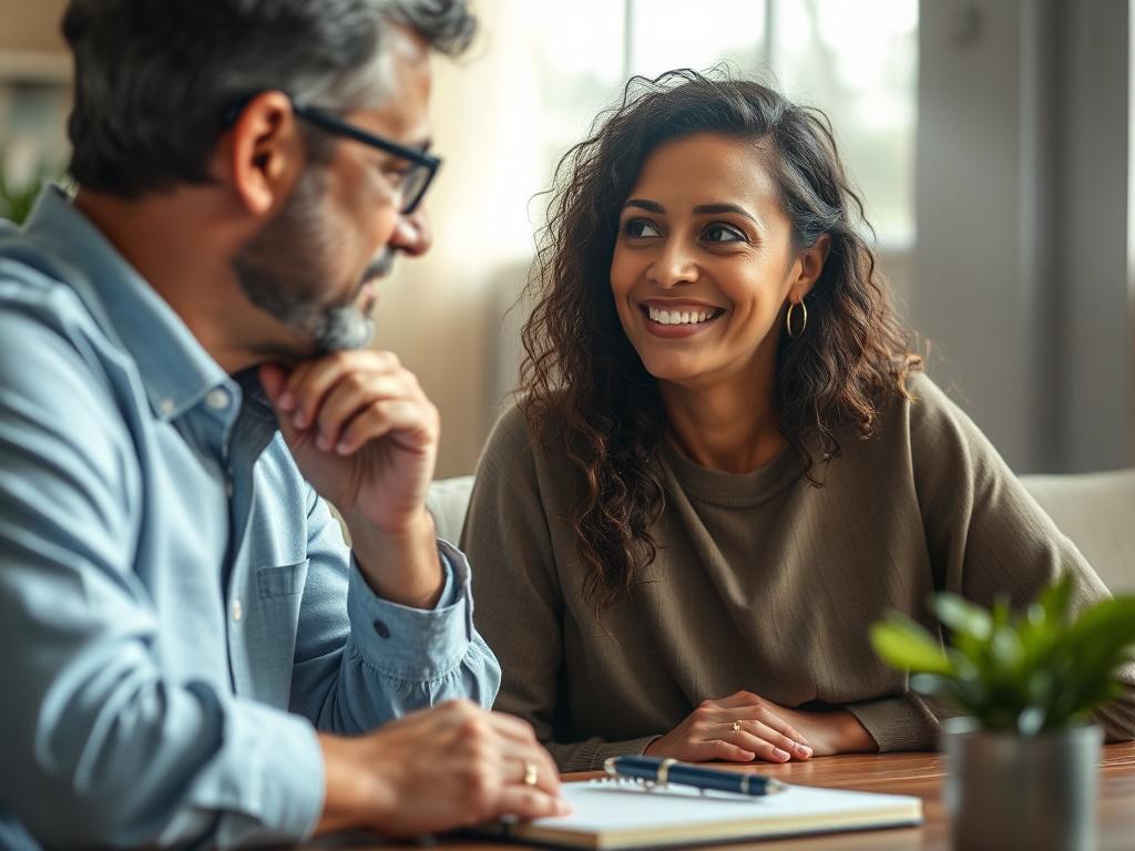 A close-up of a coach and client engaged in an uplifting conversation in a cozy setting. The client appears thoughtful and engaged, while the coach listens intently with a warm smile. A notebook and pen are on the table, symbolizing the process of personal growth and reflection. Soft, natural light fills the room, adding to the encouraging atmosphere.