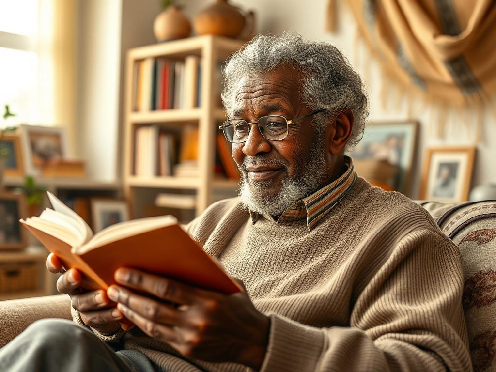 Create a hyper-realistic high-resolution photo featuring an elderly person engaging in storytelling. The subject should be a wise-looking elder with a warm, inviting expression, sharing their stories with a sense of pride and nostalgia. Position the elder comfortably in a well-lit, cozy living room setting filled with personal artifacts and soft, natural decor that reflects African and Afrodiasporic traditions. 

The background should be simple yet meaningful, including a bookshelf filled with well-loved bo
