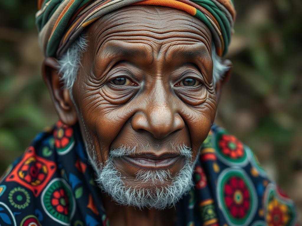 **AI Image Generation Prompt:**

Create a high-resolution, hyper-realistic close-up photograph that embodies the essence of the blog titled "Are Oral Traditions Dead? How AI Is Bringing Ancestral Voices Back to Life." The image should focus solely on a wise elder, an African or Afrodiasporic storyteller, sitting in a serene natural setting that subtly highlights the connection between tradition and technology.

**Composition:**
- The subject, the elder, should be positioned centrally and fill a significant 