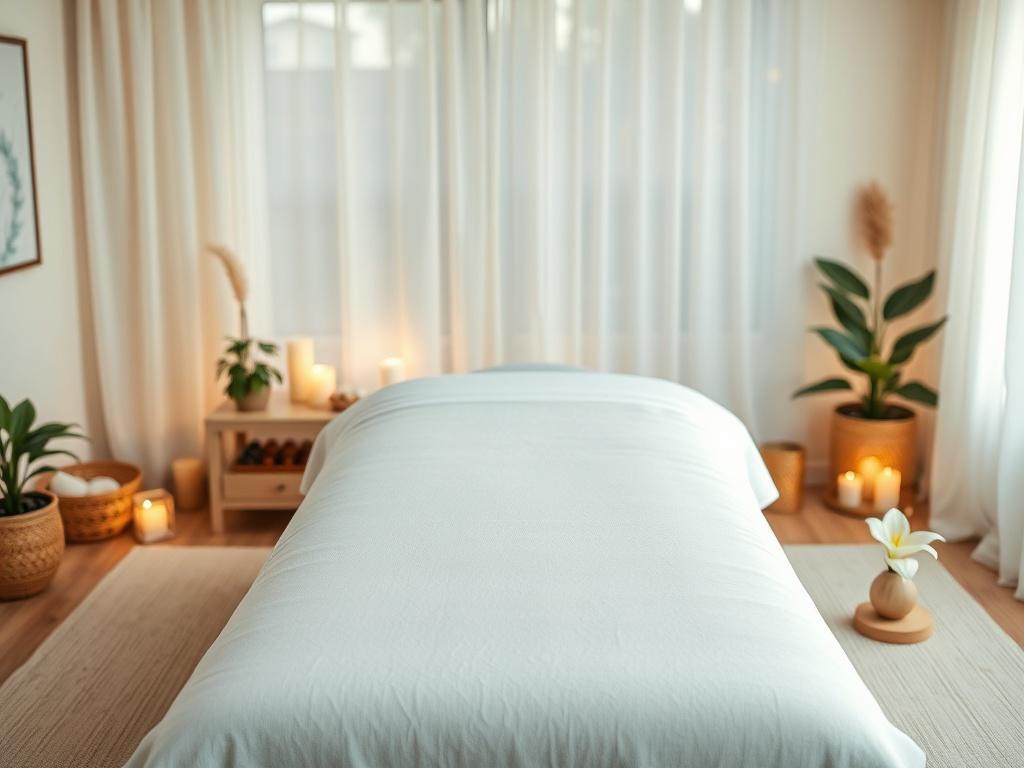 A serene and calming room set for a Reiki healing session, featuring a single massage table with soft white linens. The background is softly lit with warm, natural light filtering through sheer curtains. An array of healing crystals and plants, like peace lilies, are tastefully arranged around the room, adding to the tranquil atmosphere. The focus is on the massage table, inviting and peaceful, with a hint of the practitioner’s hands gently hovering above the table, ready to channel energy. The overall colo