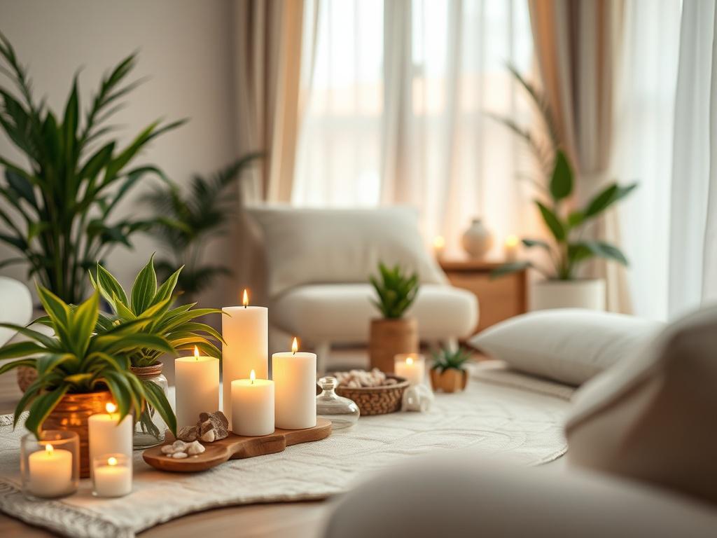 A close-up shot of a serene and inviting space for spiritual healing, featuring a comfortable meditation area with soft lighting. The focus is on a beautifully arranged altar with candles, crystals, and plants, creating a peaceful atmosphere. The background is softly blurred to emphasize the details of the altar, with a color palette that harmonizes with #062767, reflecting tranquility and balance.