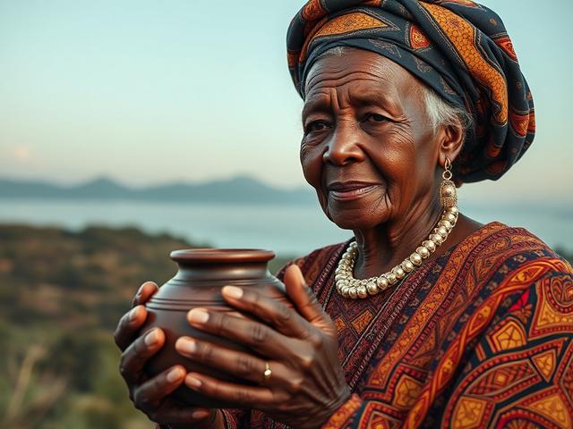 **AI Image Generation Prompt:**

Create a realistic high-resolution photo that embodies the theme "Metaverse Vs Traditional Archives: Which Is Better for Preserving African Heritage?" The composition should be simple and clear, featuring a solitary subject to capture attention and convey the essence of the subject matter. 

The focal point of the image is an elderly African woman, representing the traditional archive, dressed in intricate, traditional clothing that reflects her cultural heritage. Her expres