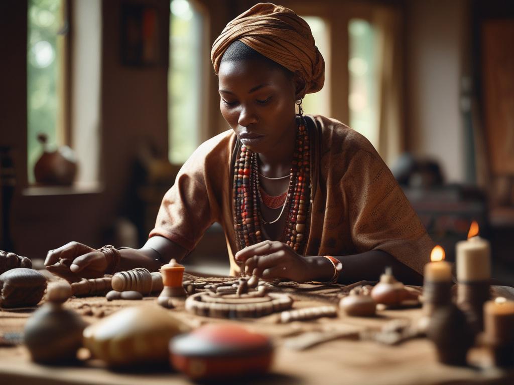 A serene and inviting close-up image of a skilled palero practitioner, deeply focused as they perform a spiritual ritual. The practitioner is surrounded by traditional African spiritual tools, such as candles, herbs, and symbols, all harmoniously arranged on a wooden table. Soft, warm lighting enhances the atmosphere, creating a sense of tranquility and sacredness. The background is subtly blurred to emphasize the practitioner and their work, capturing the essence of spiritual connection and healing.